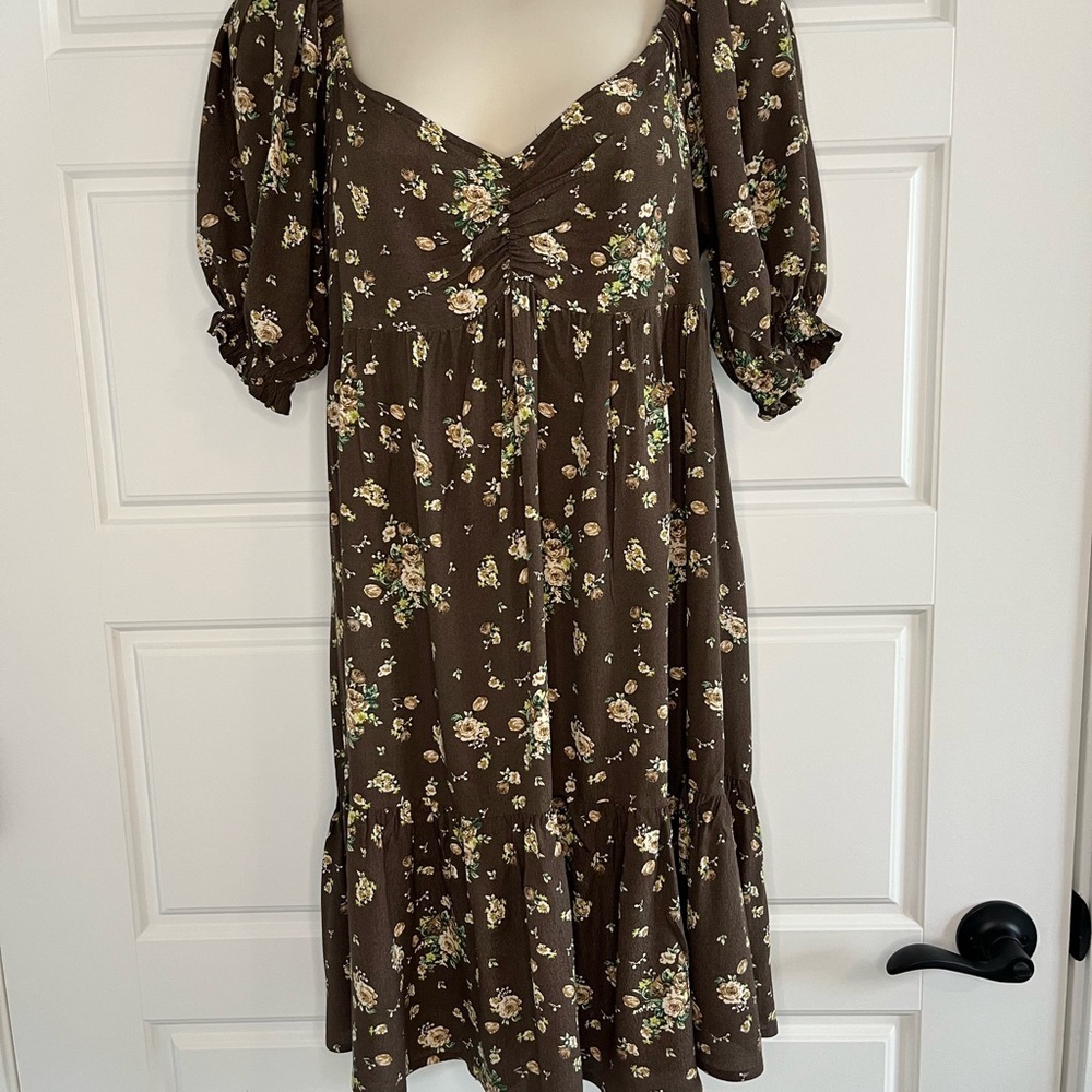 STR Brown Ditsy Floral Puff Sleeve Babydoll Minidress Size M Cottagecore Prairie